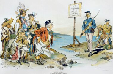 Ilustración satírica de 1896 donde se ve al Tío Sam interponiéndose entre las potencias europeas y unos personajes que representan a Nicaragua y Venezuela.