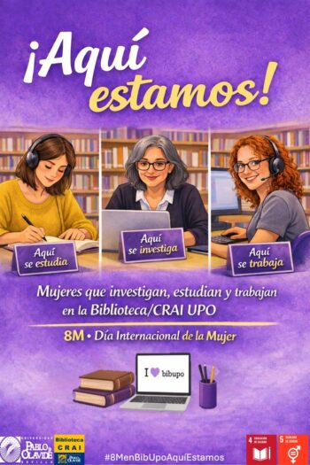 ¡Aquí estamos! (cartel de la actividad que muestra la ilustración de tres mujeres en la Biblioteca, una estudiante, una profesora y personal técnico)