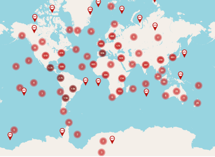 Mapa global con la producción científica de las universidades incorporadas a GeoREBIUN
