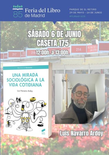 Composición de la portada del libro con foto de Luis Navarro y fondo de la Feria del Libro de Madrid
