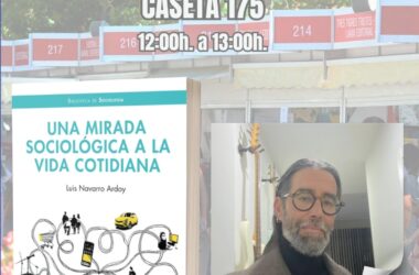 Composición de la portada del libro con foto de Luis Navarro y fondo de la Feria del Libro de Madrid