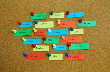 Etiquetas en un tablón en varios idiomas