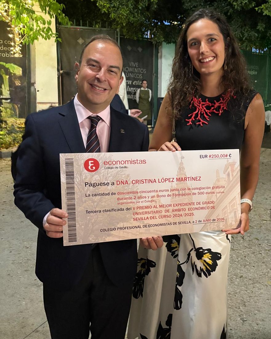 🔝 Queremos felicitar a Cristina López Martínez, egresada del Doble Grado en Administración y Dirección de Empresas y Derecho de la UPO, que ha sido reconocida por @economistas.sevilla con el tercer premio al Mejor Expediente de Grado Universitario de Ámbito Económico de Sevilla del curso 2024-2025.

Este reconocimiento, entregado durante la VIII Cena Colegial celebrada el pasado martes, pone en valor su trayectoria académica en la UPO, marcada por el esfuerzo, la dedicación y la excelencia.

¡Enhorabuena, Cristina! 👏

#TalentoUPO #ADE #Derecho #LaOlavideEresTú