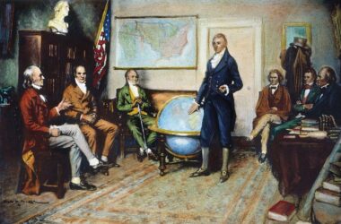President James Monroe presides over a cabinet meeting to establish the Monroe Doctrine