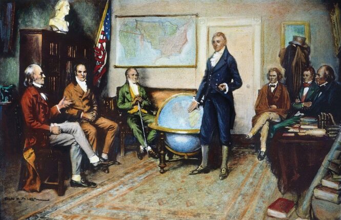 President James Monroe presides over a cabinet meeting to establish the Monroe Doctrine