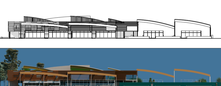 Alzado norte del anteproyecto de centro deportivo (infografía)