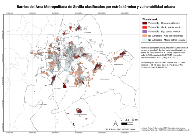 Barrios del área metropolitana de Sevilla clasificados por estrés térmico