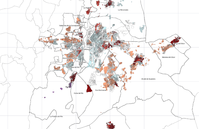 Mapa con los barrios vulnerables y expuestos al calor en el área metropolitana de Sevilla