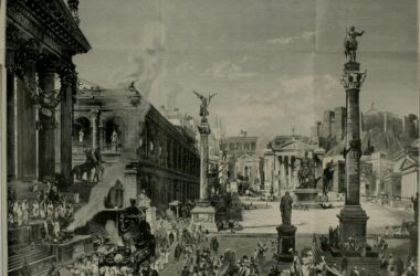 Dibujo que imagina un día en el Foro Romano, lugar de debate de los ciudadanos en la Antigüedad.
