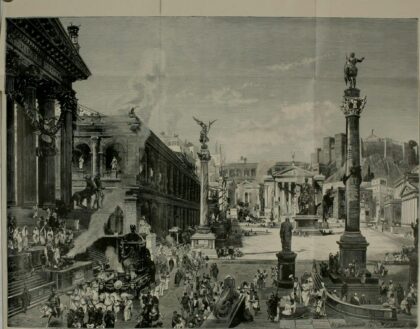 Dibujo que imagina un día en el Foro Romano, lugar de debate de los ciudadanos en la Antigüedad.