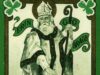 Postal de celebración del día de san Patricio de 1909 en la que se representa al santo y el característico color verde de la festividad.