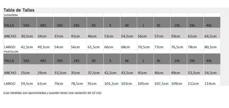 Tallaje chandal Givova Tallaje chandal Givova