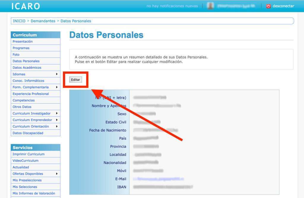 icaro editar datos personales