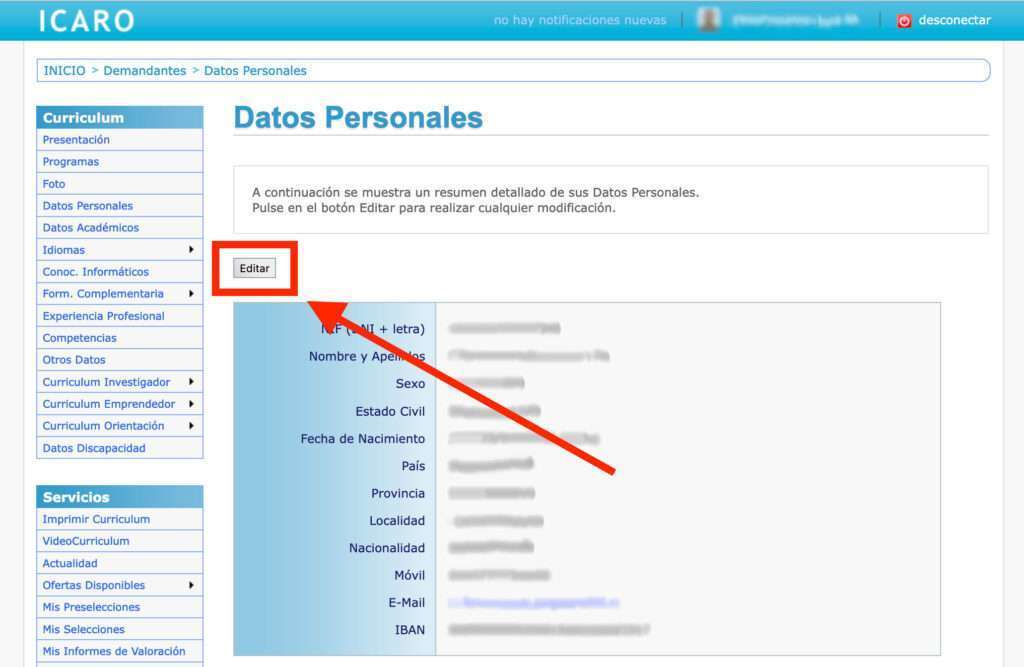 icaro editar datos personales