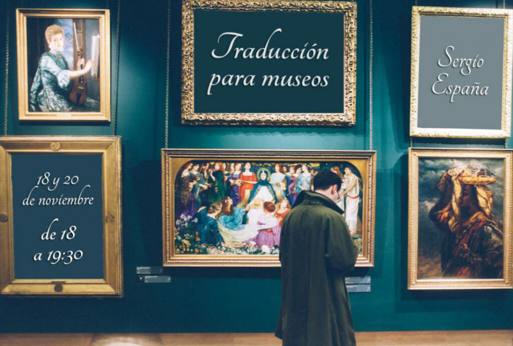 Persona en un museo con cuadros de fondo