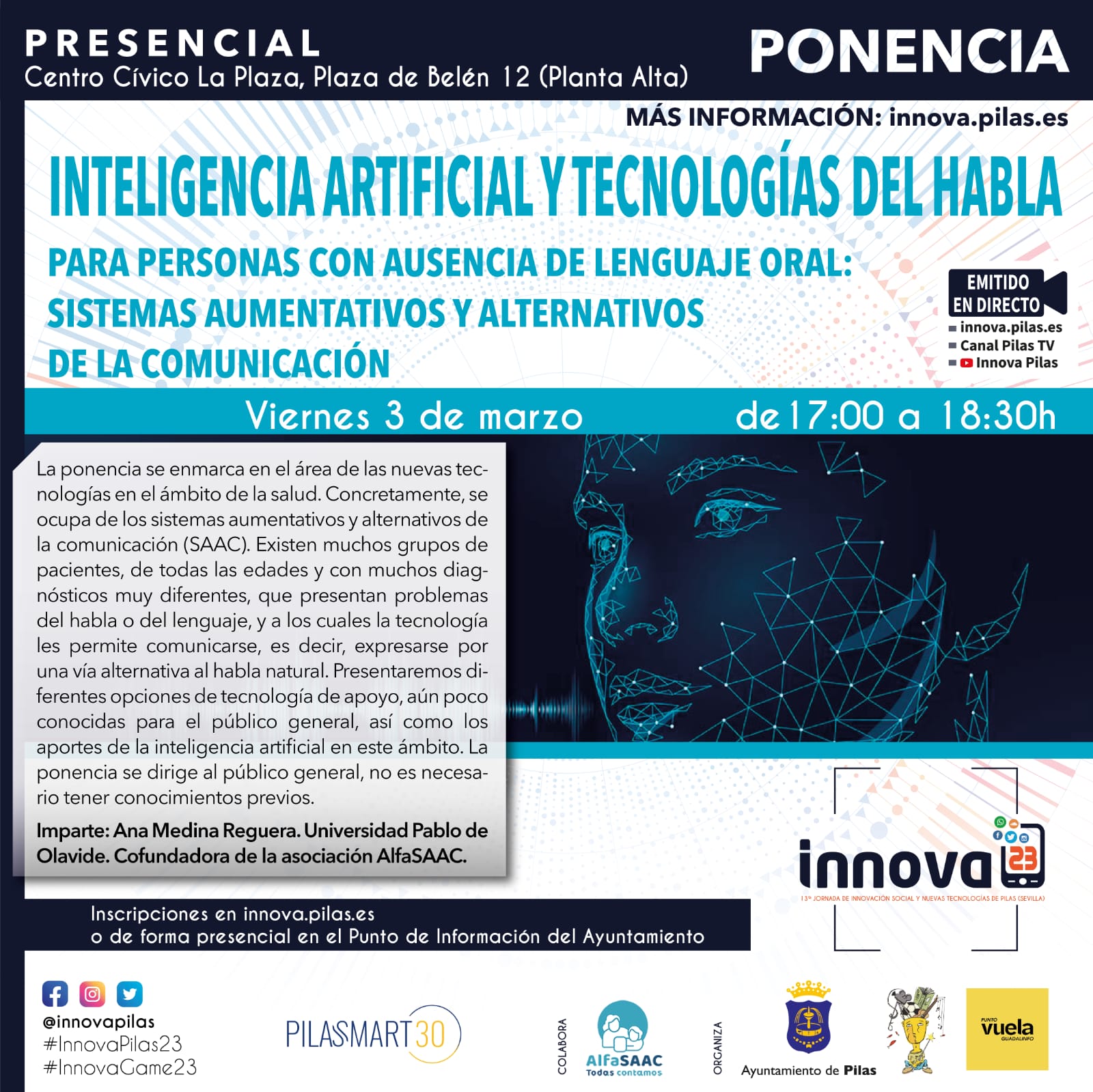 Inteligencia Artificial y tecnologías del habla en la 13ª Jornada de Innovación Social y Nuevas Tecnologías de Pilas (INNOVA23)
