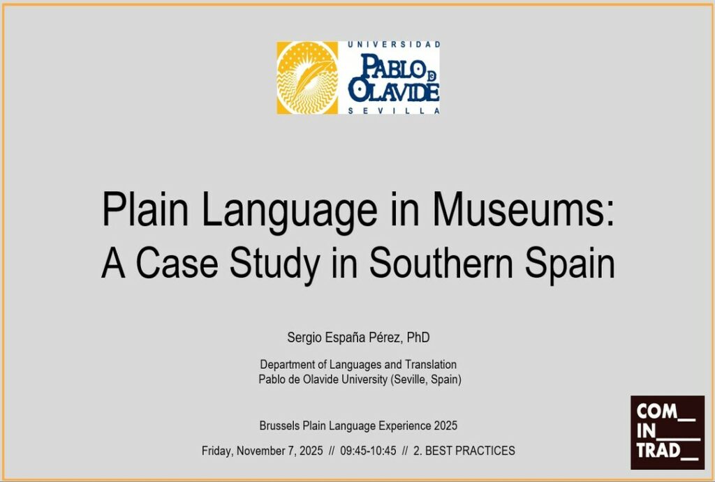 Portada de la presentación, titulada: «Plain Language in Museums. A Case Study in Southern Spain»