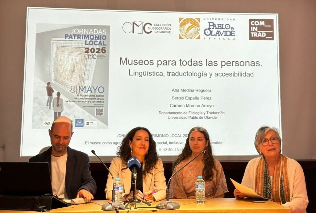 Imagen de la ponencia del grupo COMINTRAD en las Jornadas de Patrimonio Local 2026, impartida por Sergio España, Ana Medina y Carmen Moreno (de izquierda a derecha)