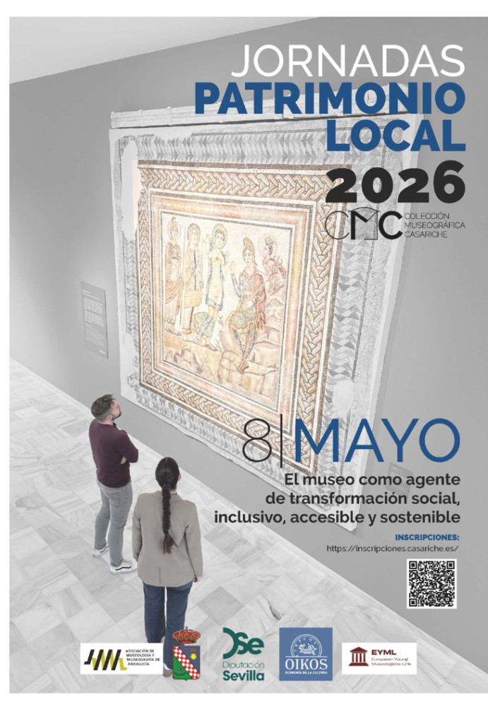 Cartel de las jornadas en el que se ven a dos personas observando el Mosaico de Paris, pieza principal de la Colección Museográfica de Casariche.