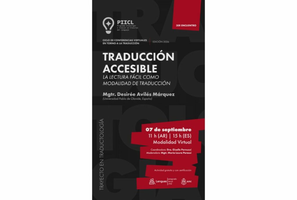 Cartel oficial del evento con el título de la ponencia (Traducción accesible) y la fecha (7 de septiembre)