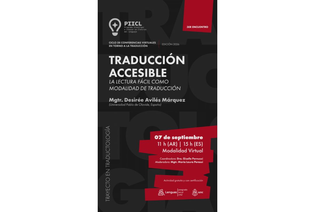 Cartel oficial del evento con el título de la ponencia (Traducción accesible) y la fecha (7 de septiembre)