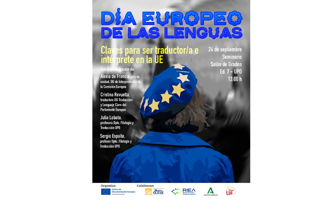 Cartel del evento con los nombres de los ponentes. En primer plano, una persona con un abrigo azul y un sombrero con estrellas, todo a semejanza de la bandera europea