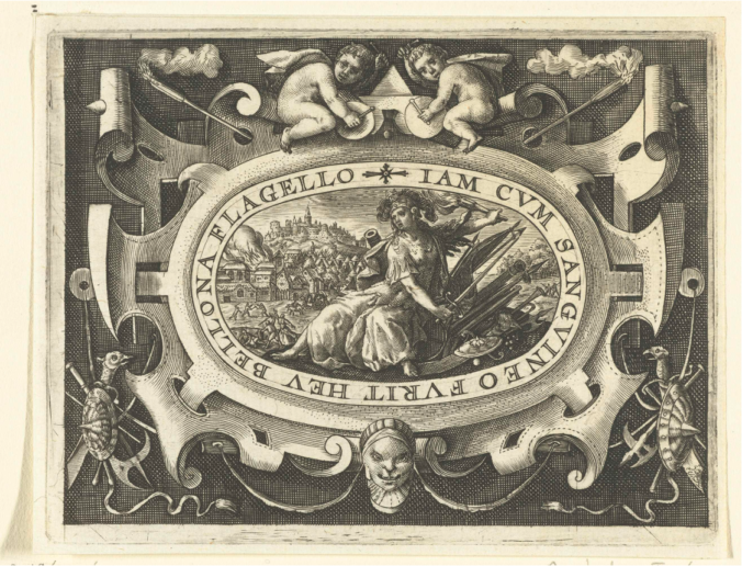 Cartouche waarin de oorlog met fakkel en wapentuig - 1601 - Rijksmuseum, Amsterdam