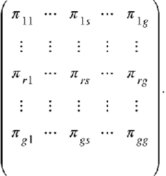 {"mathml":"<math style=\"font-family:stix;font-size:16px;\" xmlns=\"http://www.w3.org/1998/Math/MathML\"><mstyle mathsize=\"16px\"><mfenced><mtable><mtr><mtd><msub><mi>π</mi><mn>11</mn></msub></mtd><mtd><mo>⋯</mo></mtd><mtd><msub><mi>π</mi><mrow><mn>1</mn><mi>s</mi></mrow></msub></mtd><mtd><mo>⋯</mo></mtd><mtd><msub><mi>π</mi><mrow><mn>1</mn><mi>g</mi></mrow></msub></mtd></mtr><mtr><mtd><mo>⋮</mo></mtd><mtd><mo>⋮</mo></mtd><mtd><mo>⋮</mo></mtd><mtd><mo>⋮</mo></mtd><mtd><mo>⋮</mo></mtd></mtr><mtr><mtd><msub><mi>π</mi><mrow><mi>r</mi><mn>1</mn></mrow></msub></mtd><mtd><mo>⋯</mo></mtd><mtd><msub><mi>π</mi><mrow><mi>r</mi><mi>s</mi></mrow></msub></mtd><mtd><mo>⋯</mo></mtd><mtd><msub><mi>π</mi><mrow><mi>r</mi><mi>g</mi></mrow></msub></mtd></mtr><mtr><mtd><mo>⋮</mo></mtd><mtd><mo>⋮</mo></mtd><mtd><mo>⋮</mo></mtd><mtd><mo>⋮</mo></mtd><mtd><mo>⋮</mo></mtd></mtr><mtr><mtd><msub><mi>π</mi><mrow><mi>g</mi><mn>1</mn></mrow></msub></mtd><mtd><mo>⋯</mo></mtd><mtd><msub><mi>π</mi><mrow><mi>g</mi><mi>s</mi></mrow></msub></mtd><mtd><mo>⋯</mo></mtd><mtd><msub><mi>π</mi><mrow><mi>g</mi><mi>g</mi></mrow></msub></mtd></mtr><mtr><mtd/><mtd><mspace/></mtd><mtd><mspace/></mtd><mtd><mspace/></mtd><mtd><mspace/></mtd></mtr></mtable></mfenced><mo>.</mo></mstyle></math>","origin":"MathType for Microsoft Add-in"}